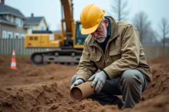 Ingénieur géotechnicien analysant une carotte de sol sur un terrain à bâtir lors d'une étude de sol