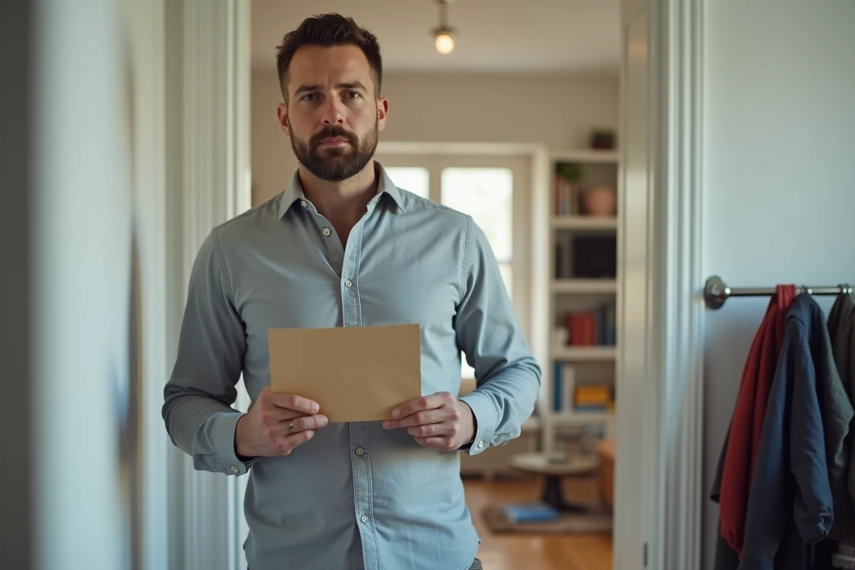 Locataire masculin tenant une enveloppe de préavis dans le couloir de son appartement, hésitant à envoyer sa lettre de résiliation de bail
