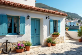 Maison de pêcheur traditionnelle en bord de mer Méditerranée avec volets bleus et façade en pierre blanchie à vendre