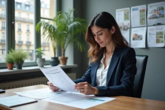Professionnelle de l'immobilier analysant des documents sur les zones tendues et les prix des loyers en 2026 dans une agence moderne