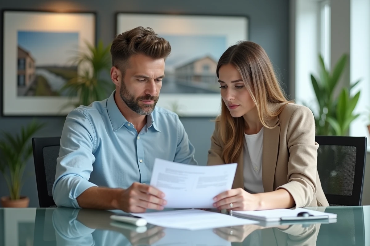 Couple d'acheteurs immobiliers étudiant un contrat de retour de lot dans une agence immobilière spécialisée en neuf