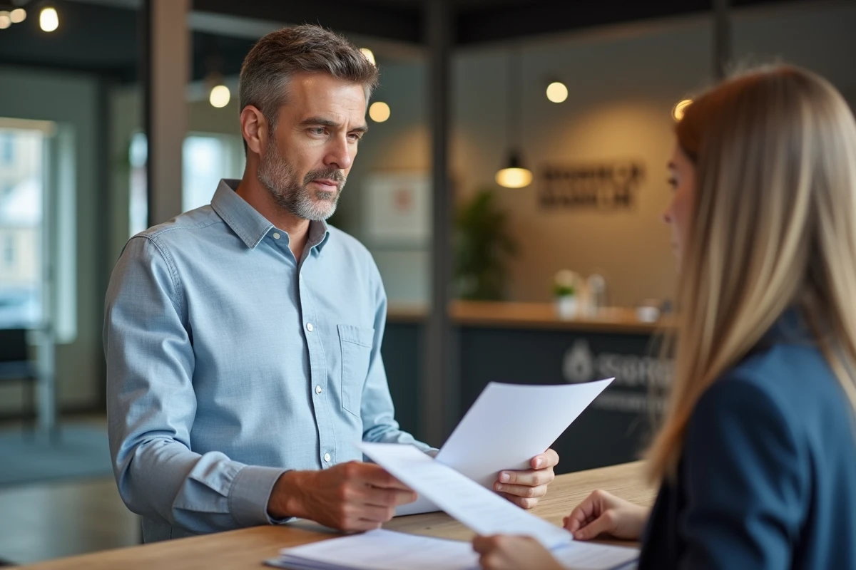Client discutant de sa gestion locative avec un conseiller dans une agence immobilière Foncia