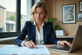 Agent immobilier iad expliquant les frais d'agence sur une annonce immobilière dans un bureau moderne