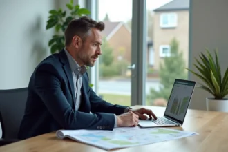 Agent immobilier analysant une estimation terrain sur un logiciel immobilier professionnel au bureau