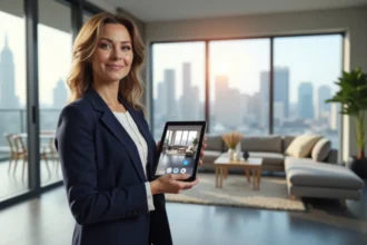 Agent immobilière utilisant une tablette pour présenter une visite virtuelle 360 degrés d'un appartement moderne