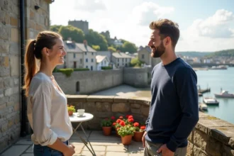 Couple profitant d'une terrasse en pierre dans un appartement à Concarneau avec vue sur la ville close et le port