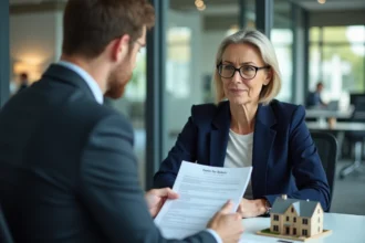 Femme discutant d'un bail immobilier avec un conseiller bancaire dans une agence moderne, documents contractuels visibles sur le bureau