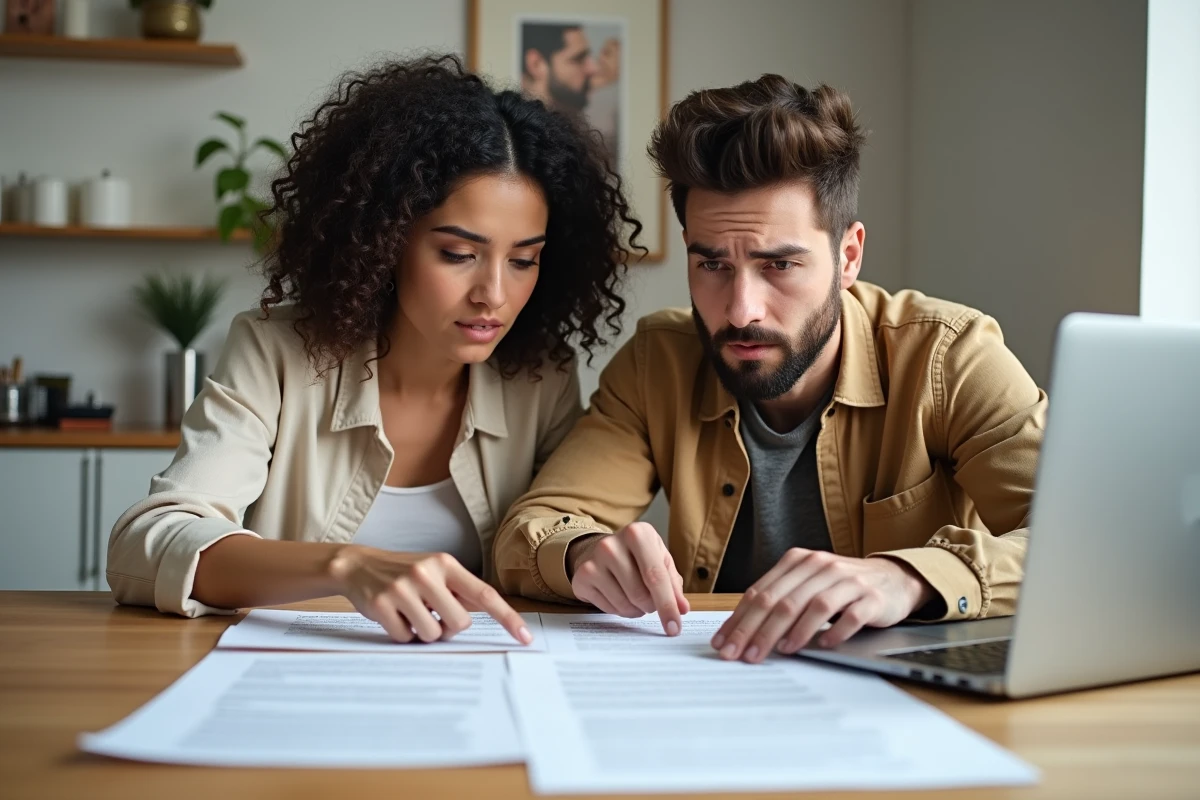 Jeune couple de locataires étudiant attentivement les clauses d'un contrat de bail immobilier dans leur appartement