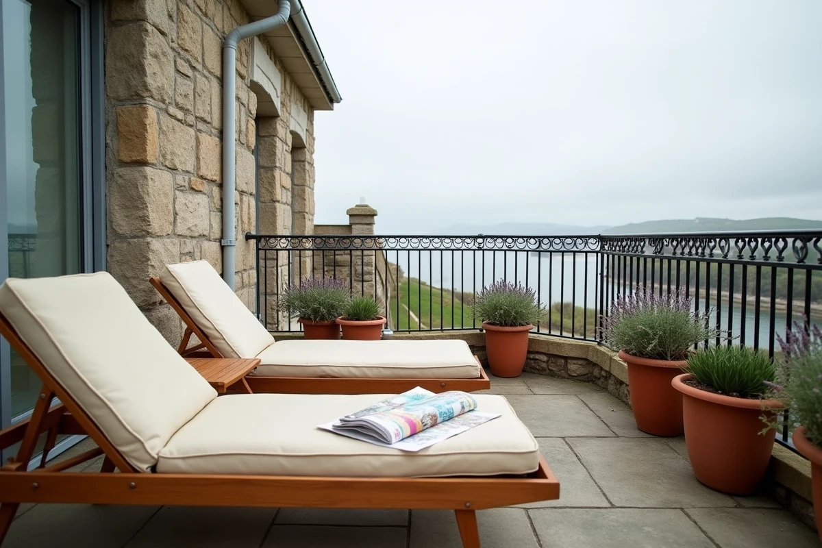 Balcon privatif d'un appartement de location à Concarneau avec vue sur l'estuaire de l'Odet et mobilier de terrasse