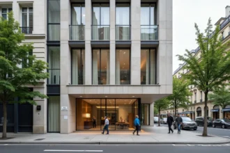 Façade d'un bâtiment administratif parisien dans le 19ème arrondissement, siège d'une structure d'insertion professionnelle rue Manin