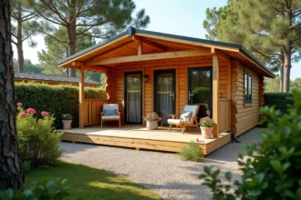 Chalet en bois moderne à vendre dans un camping ouvert à l'année en Vendée, avec terrasse couverte et jardin privatif