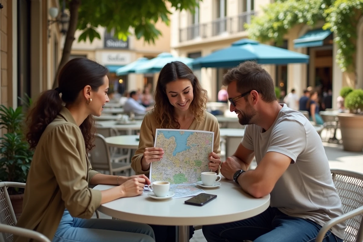 Groupe de personnes consultant une carte de quartier en terrasse de café sur une place animée d'Alès