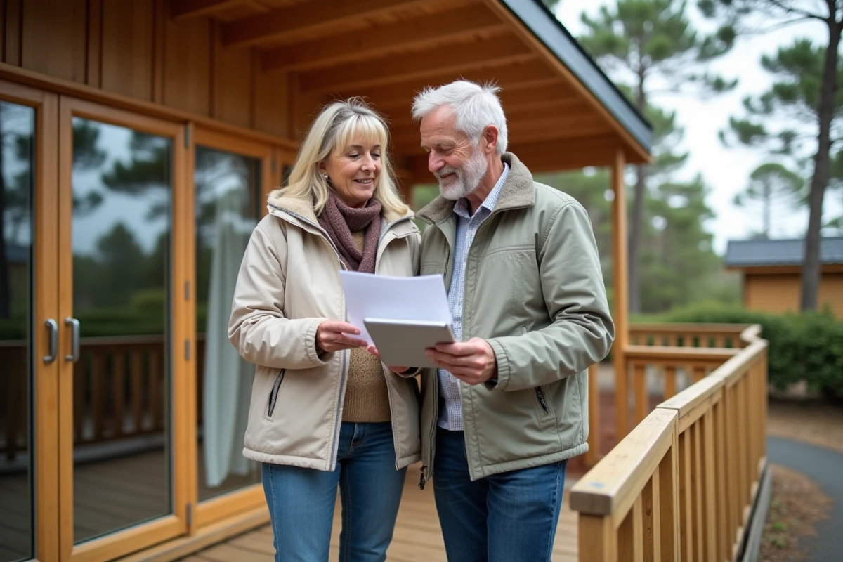Couple examinant une offre de vente de chalet dans un camping ouvert à l'année en Vendée