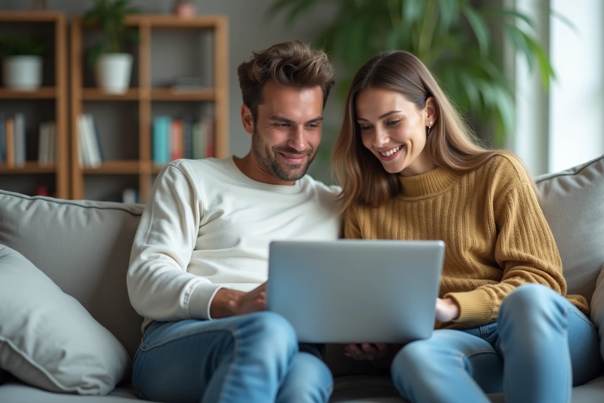Couple étudiant les frais d'agence iad sur une annonce immobilière en ligne depuis leur salon