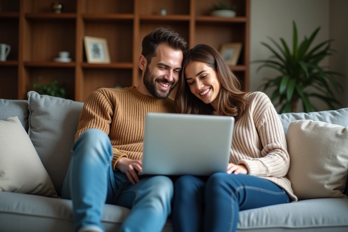 Couple visitant une maison en ligne grâce à une visite virtuelle immobilière gratuite sur ordinateur portable