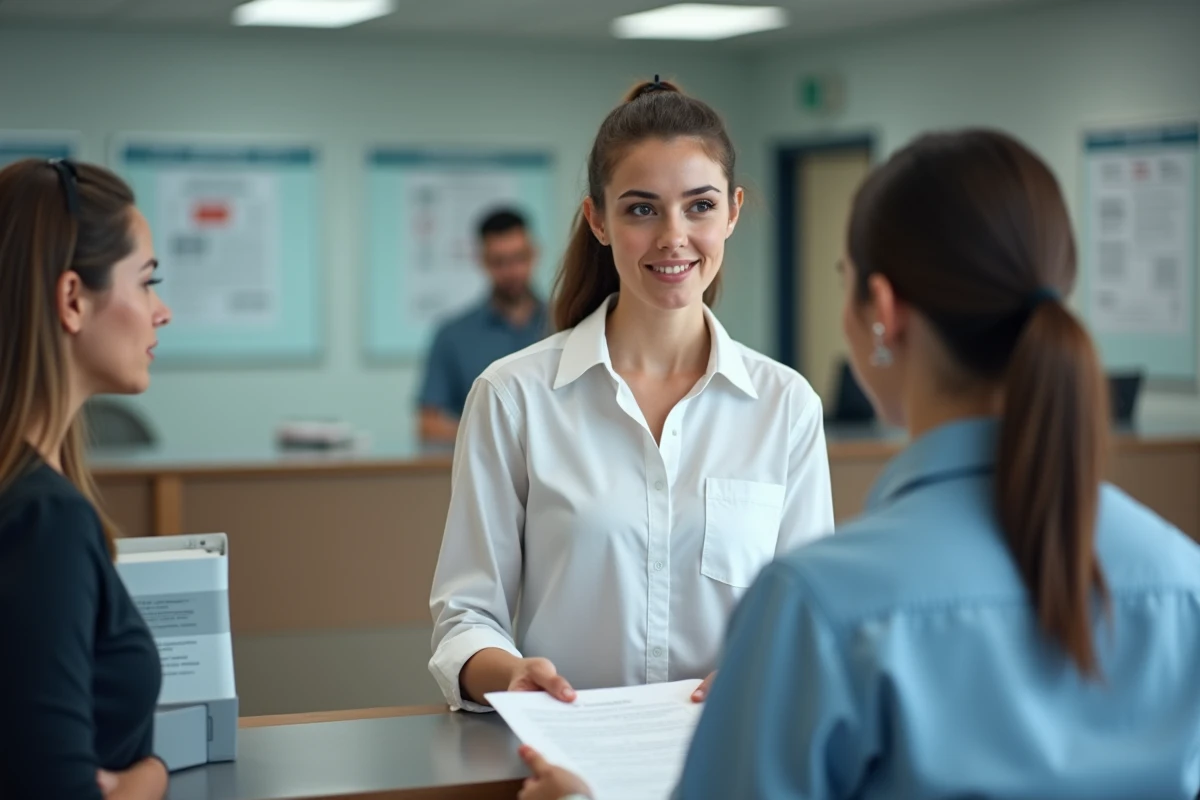 Femme déposant le formulaire APL bailleur complété au guichet d'une agence CAF