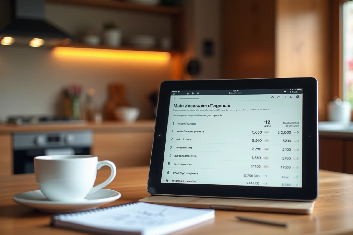 Détail d'une annonce immobilière iad affichant les frais d'agence sur une tablette posée sur une table en bois