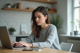 Femme consultant l'espace clients Foncia sur un ordinateur portable depuis son domicile
