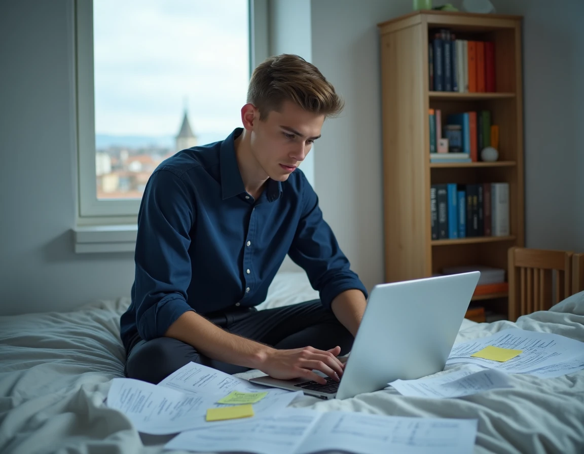 Étudiant remplissant un dossier de demande de logement universitaire à l'étranger sur ordinateur portable