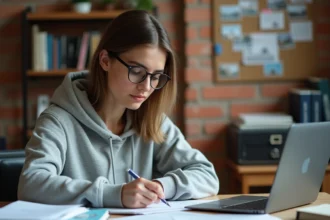 Étudiante rédigeant une lettre de motivation pour un logement étudiant à l'étranger dans un appartement universitaire