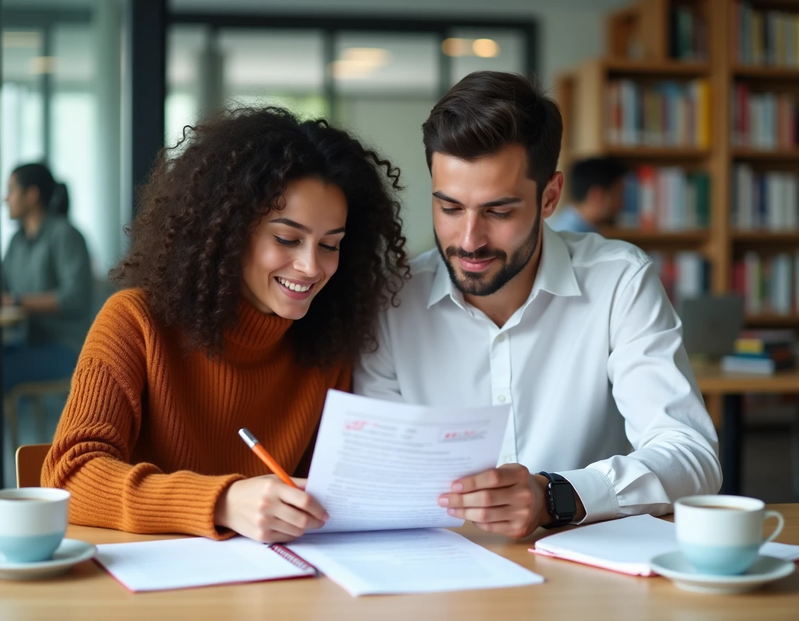 Deux étudiants internationaux relisant une lettre de motivation pour un logement à l'étranger dans une bibliothèque universitaire