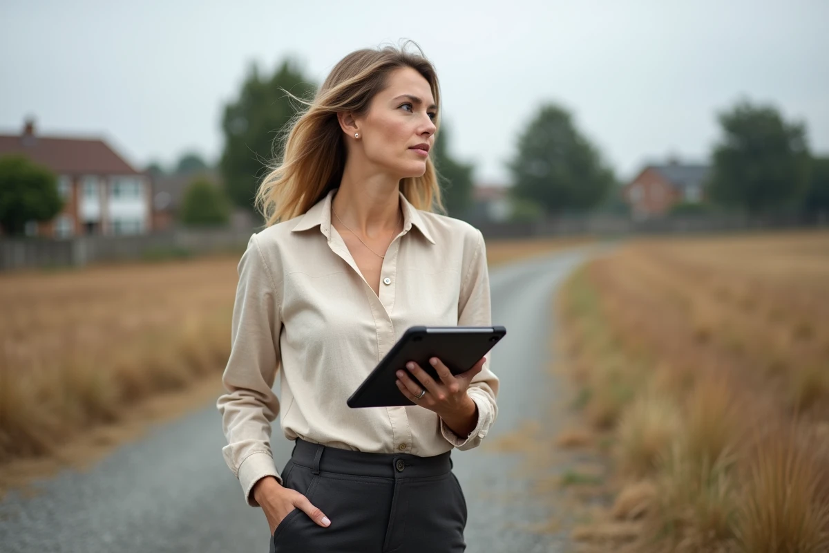 Femme professionnelle évaluant un terrain constructible avec un logiciel immobilier sur tablette
