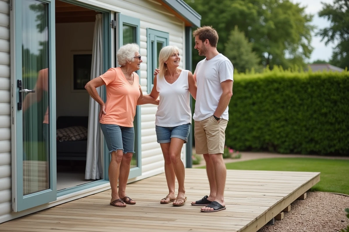 Famille multigénérationnelle discutant de la transmission d'un mobil home en statut LMNP sur la terrasse d'un parc résidentiel