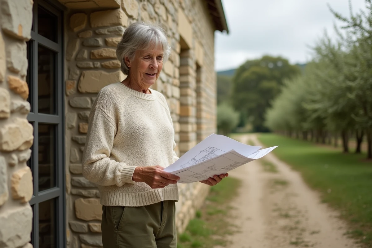 Femme examinant des plans devant une longère normande en pleine campagne bocagère