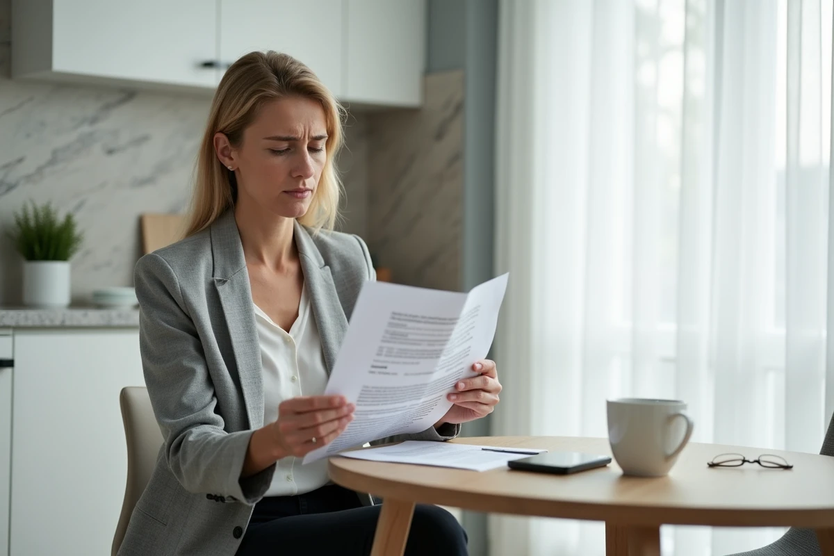 Femme lisant une notification légale de préemption immobilière avec une expression préoccupée dans une cuisine moderne