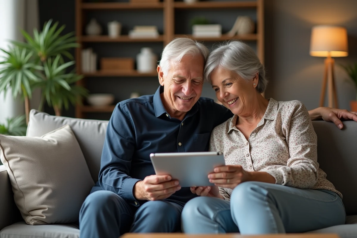 Couple consultant leur espace locataire Foncia sur une tablette dans leur salon