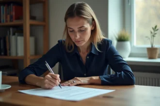 Femme remplissant le formulaire APL bailleur pour la CAF à son bureau à domicile