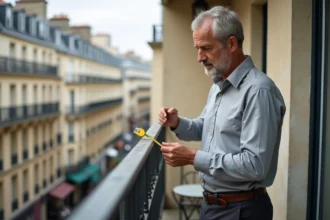 Inspecteur mesurant la rambarde d'un balcon parisien pour vérifier la conformité réglementaire