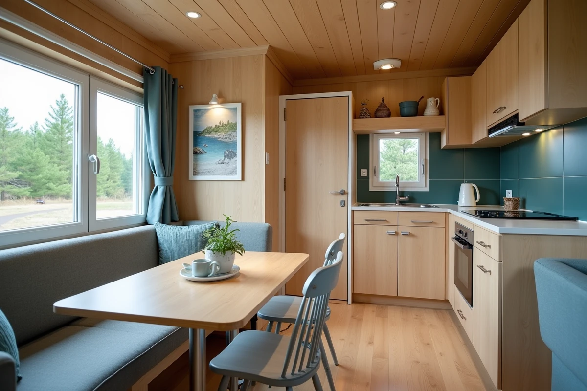 Intérieur chaleureux d'un chalet à vendre dans un camping ouvert à l'année en Vendée avec séjour et kitchenette