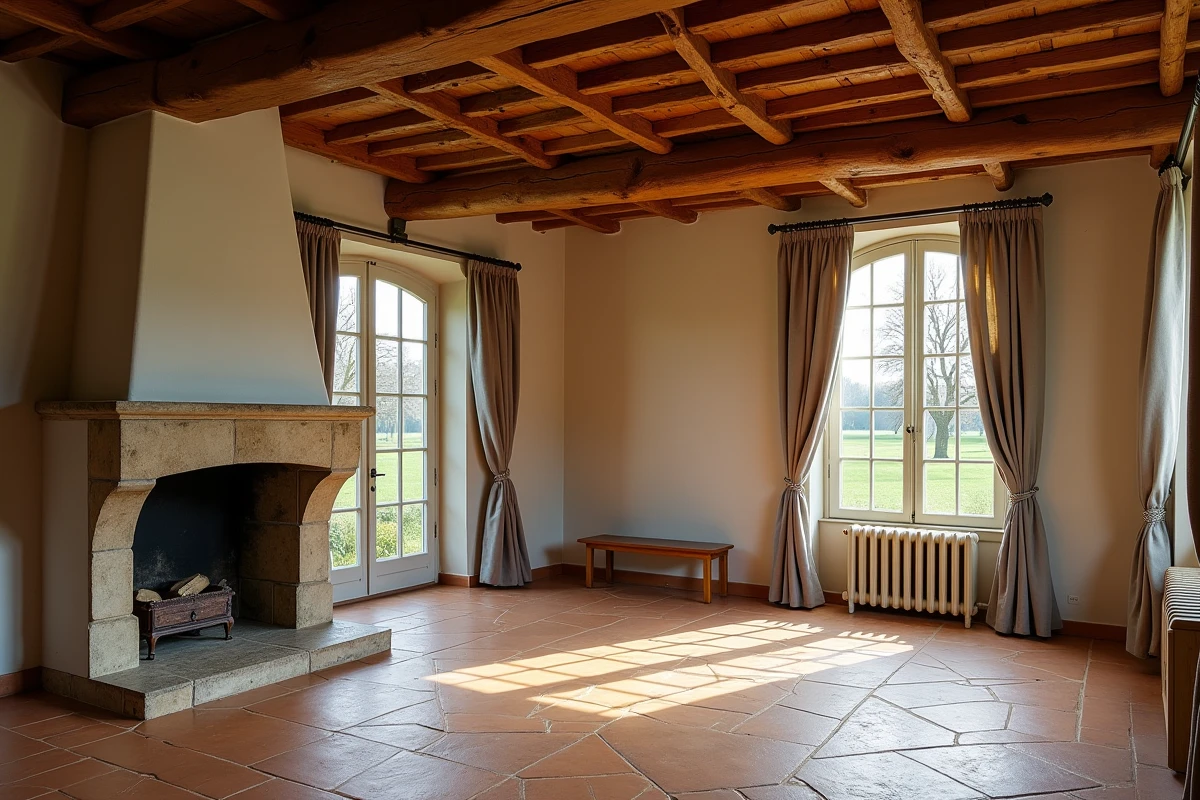 Intérieur authentique d'une longère normande rénovée avec cheminée en pierre et poutres apparentes