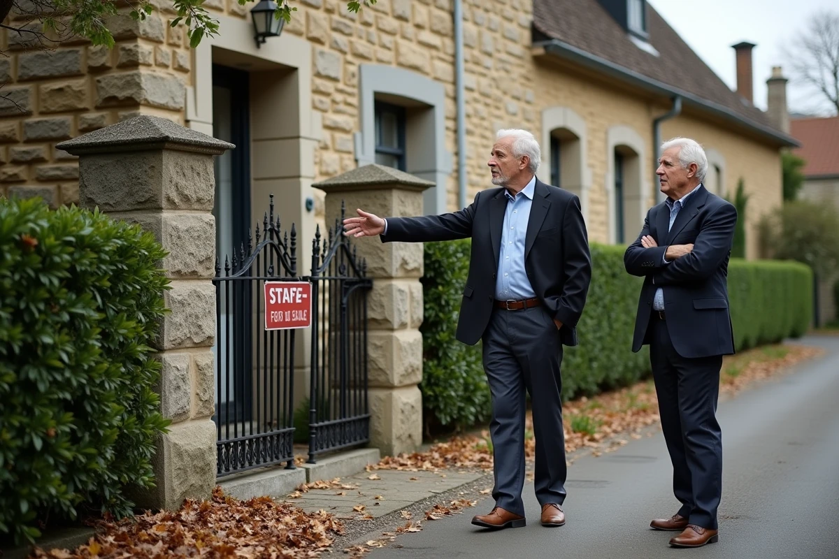 Deux hommes en discussion devant une maison en pierre à vendre illustrant un litige de droit de préemption en indivision