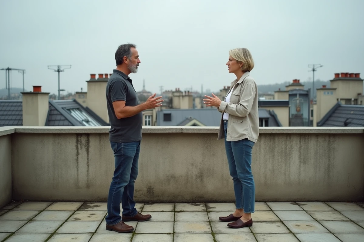 Deux voisins en désaccord sur les limites d'une terrasse partagée en immeuble parisien