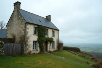 Longère normande en pierre avec vue mer depuis une colline verdoyante en Normandie