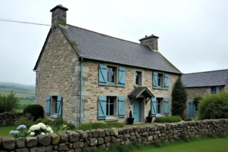 Façade d'une maison en pierre de granit bretonne avec volets bleus et jardin fleuri d'hortensias