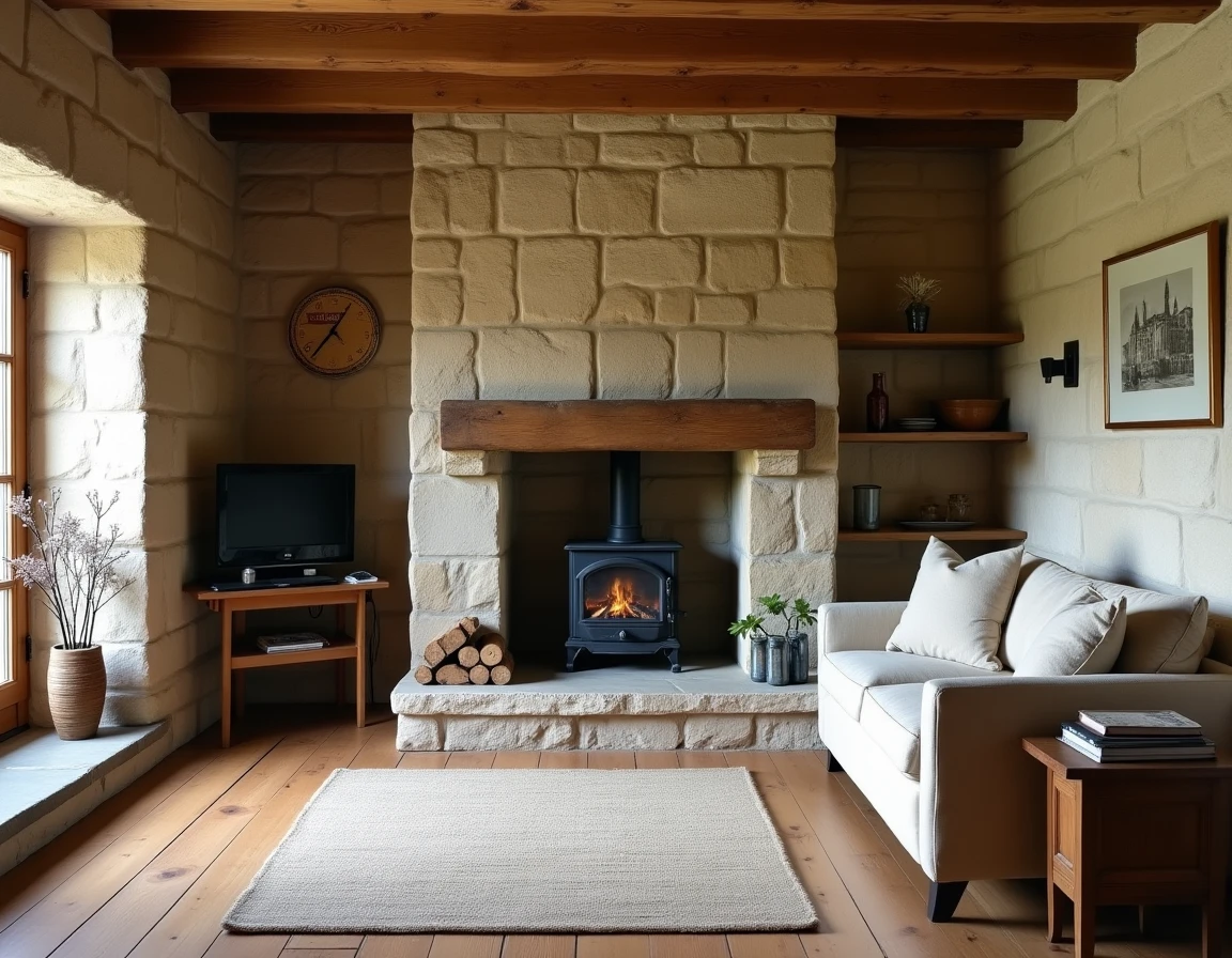 Intérieur rénové d'une maison en pierre bretonne avec poutres apparentes et cheminée en granit