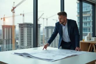 Promoteur immobilier présentant des plans de lotissement dans un bureau de vente moderne avec vue sur un chantier de construction neuf