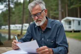 Propriétaire LMNP examinent des documents de succession pour un mobil home dans un camping en bord de lac