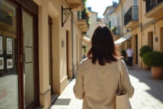 Femme se promenant devant une agence immobilière dans un quartier du centre-ville d'Alès, vitrines d'annonces visibles