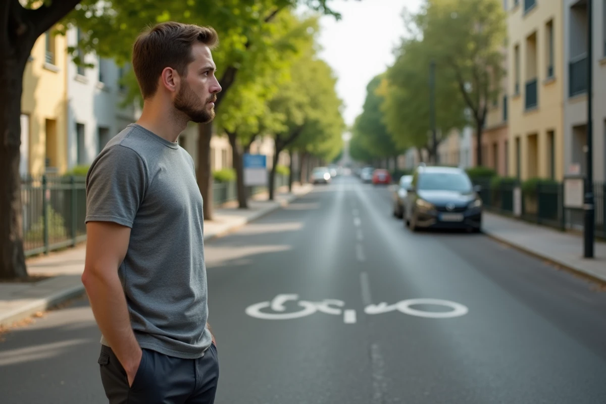 Homme observant un quartier résidentiel en rénovation à Alès, immeubles des années 70 et piste cyclable visible