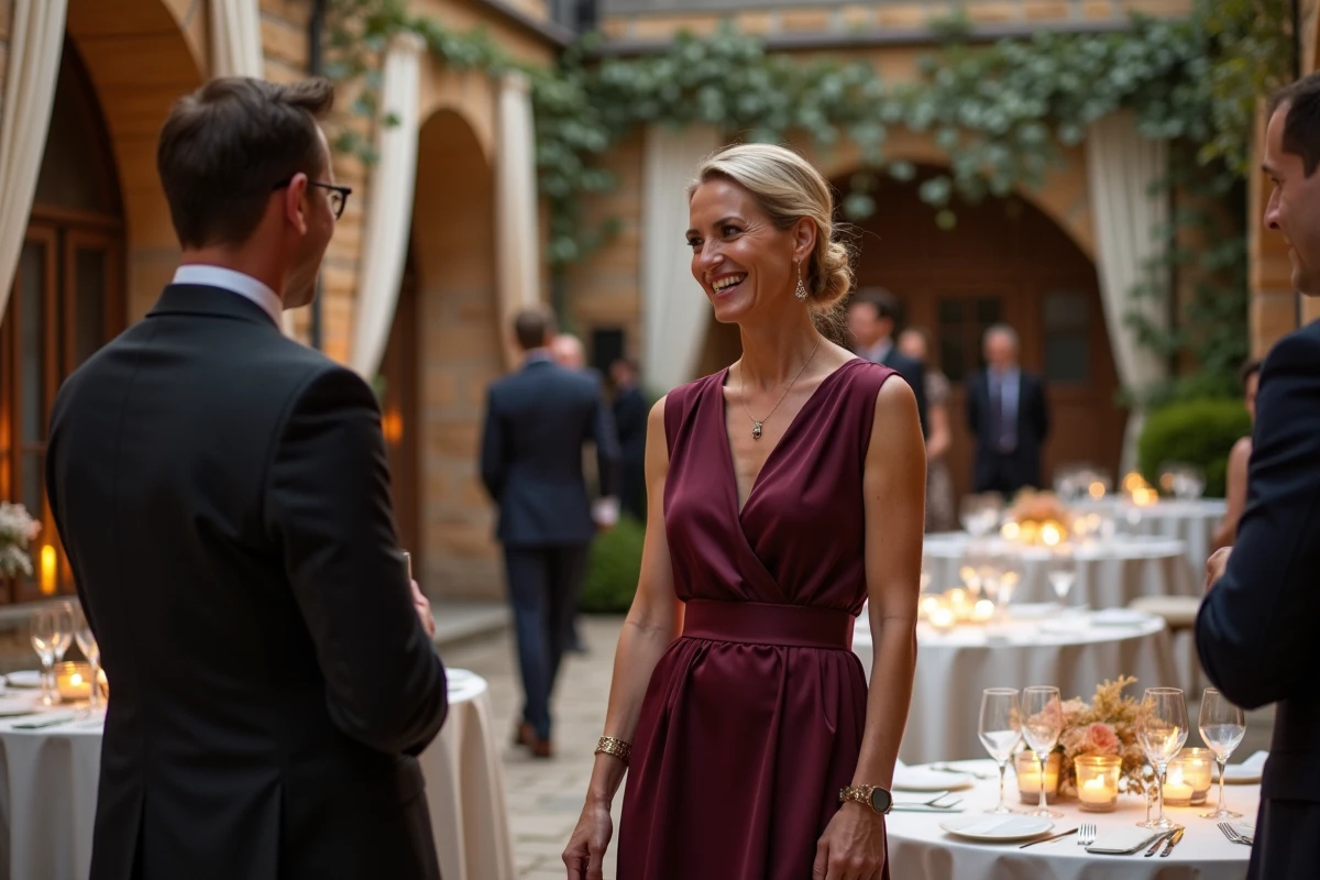 Réception de mariage élégante dans la cour intérieure d'un manoir ancien partiellement restauré avec arches en pierre et décoration florale