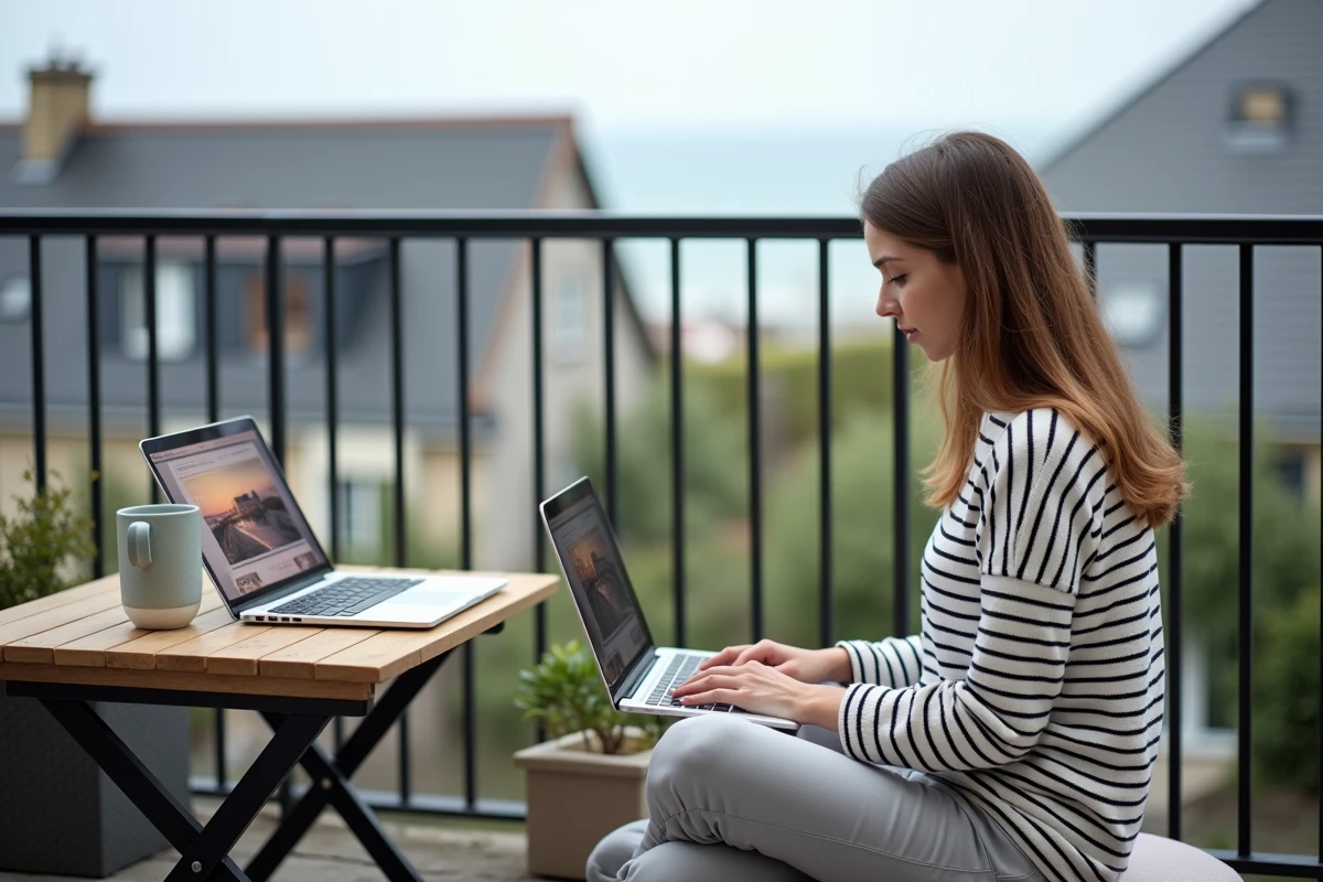 Femme recherchant une location d'appartement avec balcon à Concarneau sur son ordinateur portable en plein air