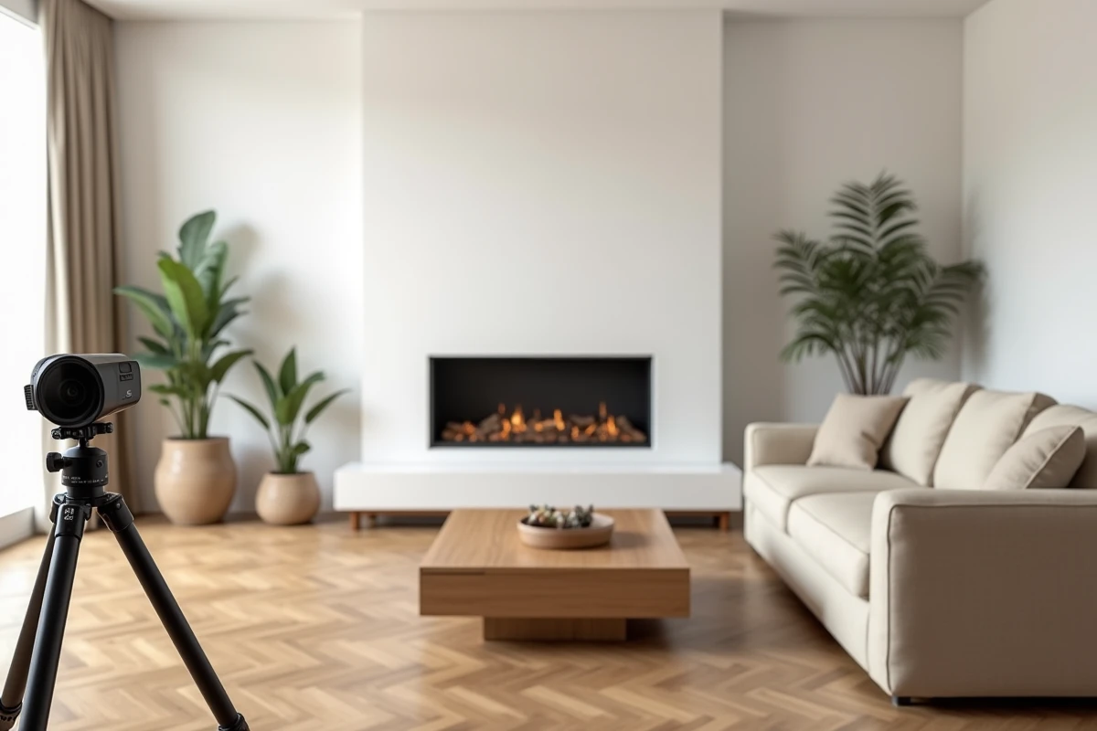 Salon moderne et bien décoré photographié pour une visite virtuelle immobilière 360 degrés avec caméra sur trépied