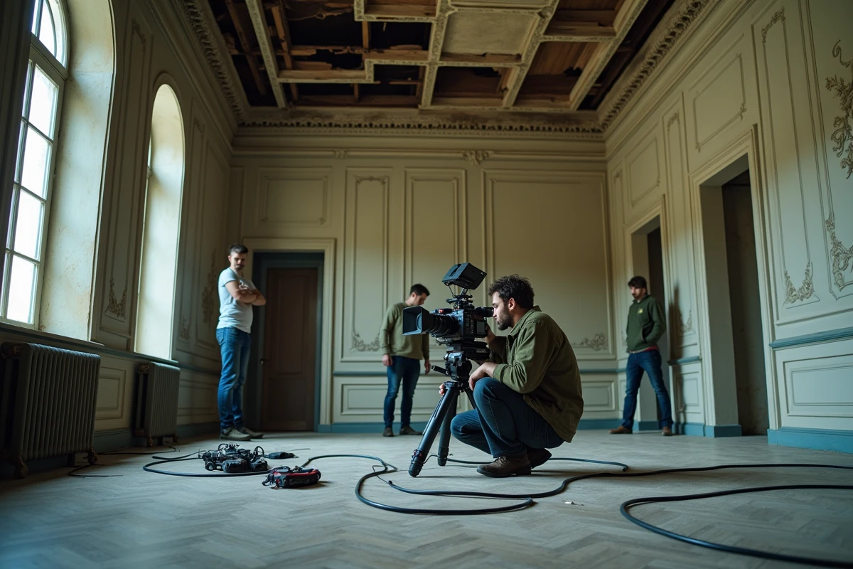 Équipe de tournage installant du matériel cinématographique dans la grande salle d'un manoir abandonné aux moulures dégradées