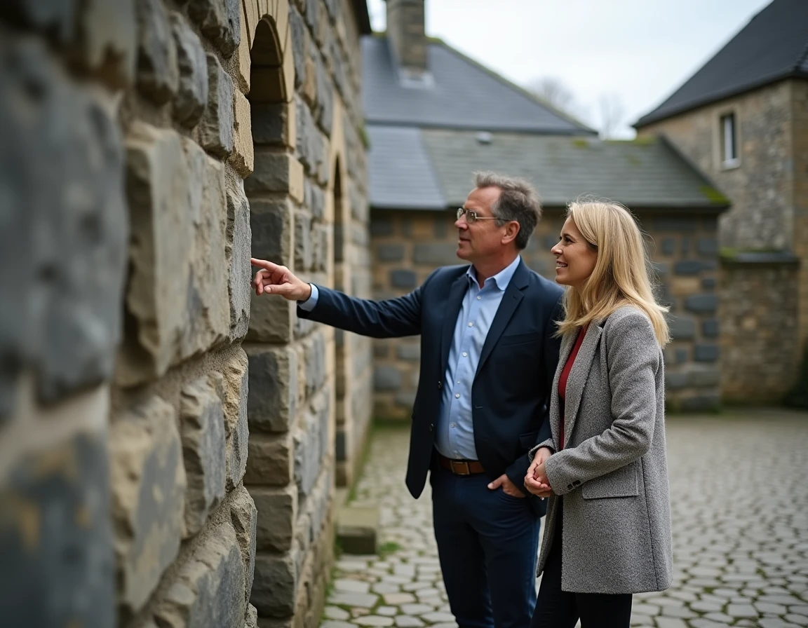 Couple visitant une maison en pierre avec un agent immobilier en Bretagne lors d'une visite immobilière