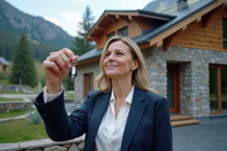 Agent immobilière remettant des clés à un couple devant une maison en pierre et verre en Andorre avec des montagnes des Pyrénées en arrière-plan