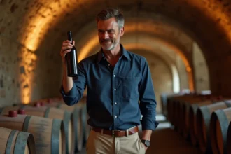 Acheteur de vignoble examinant une bouteille de Bordeaux dans une cave en pierre traditionnelle